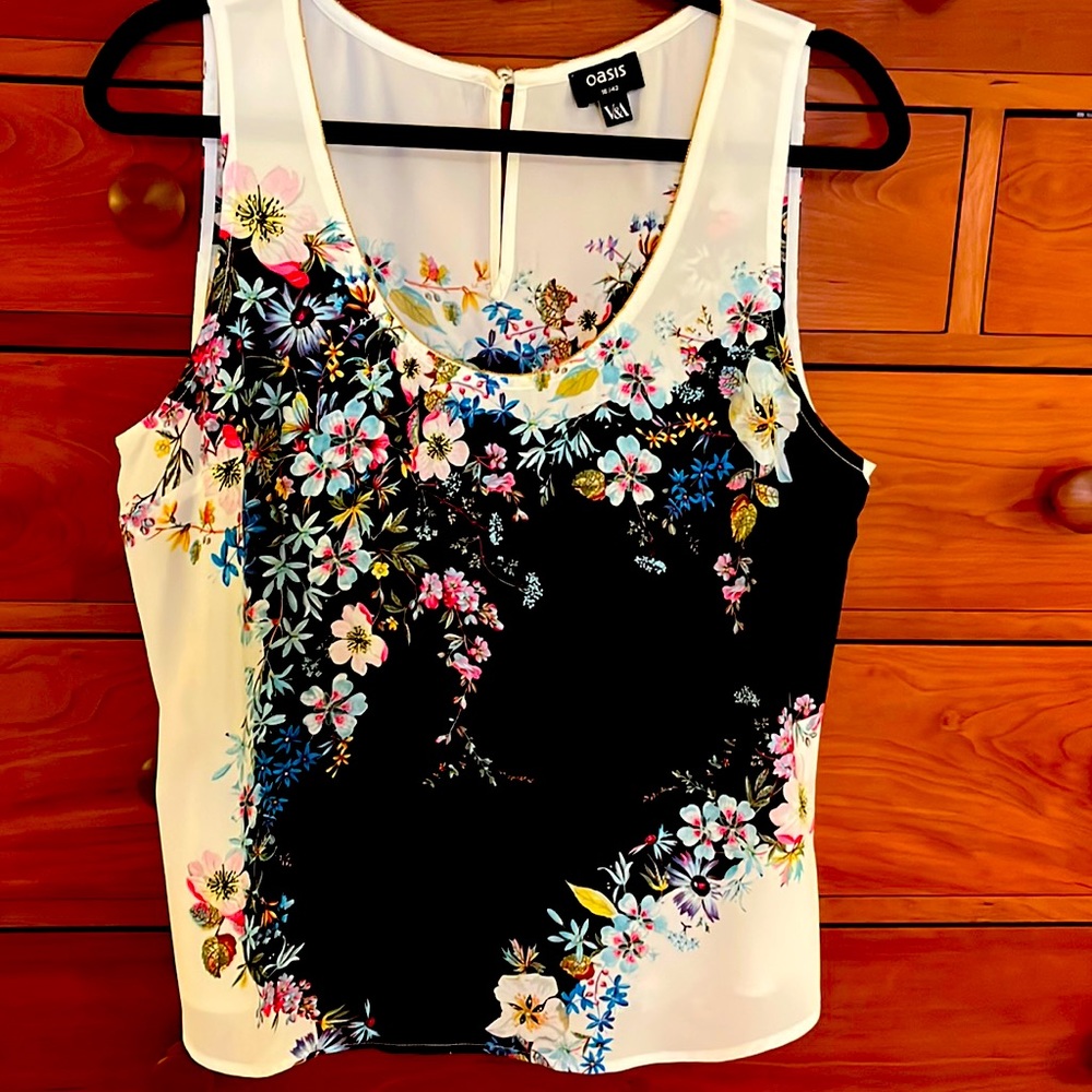 Sleeveless, scoop neck floral blouse, bought in London. Size 16/42 UK SIZING